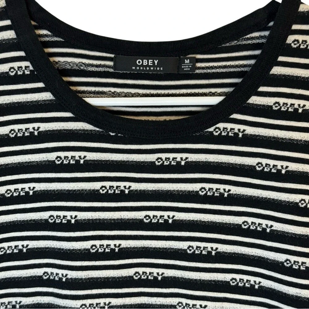 Obey Striped Logo Tee Black White Y2K Streetwear‎ Skatercore 90s Hype Graphic M